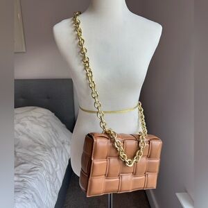 B.Belle Vegan Leather Cognac Gold Chain Woven Cassette Crossbody Bag